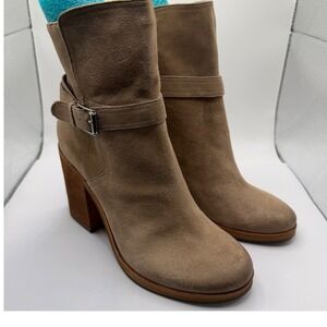 Sam Edelman Perry Tan Suede Buckle Strap Block Heel Ankle Boots Womens 8.5M